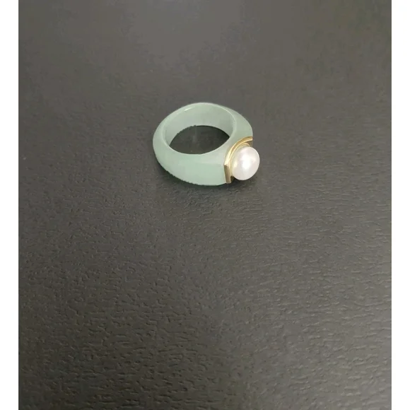 Natural Green Jade Pearl 14k Solid Yellow Gold Accent Ring Size 6 Brand New - Picture 4 of 8